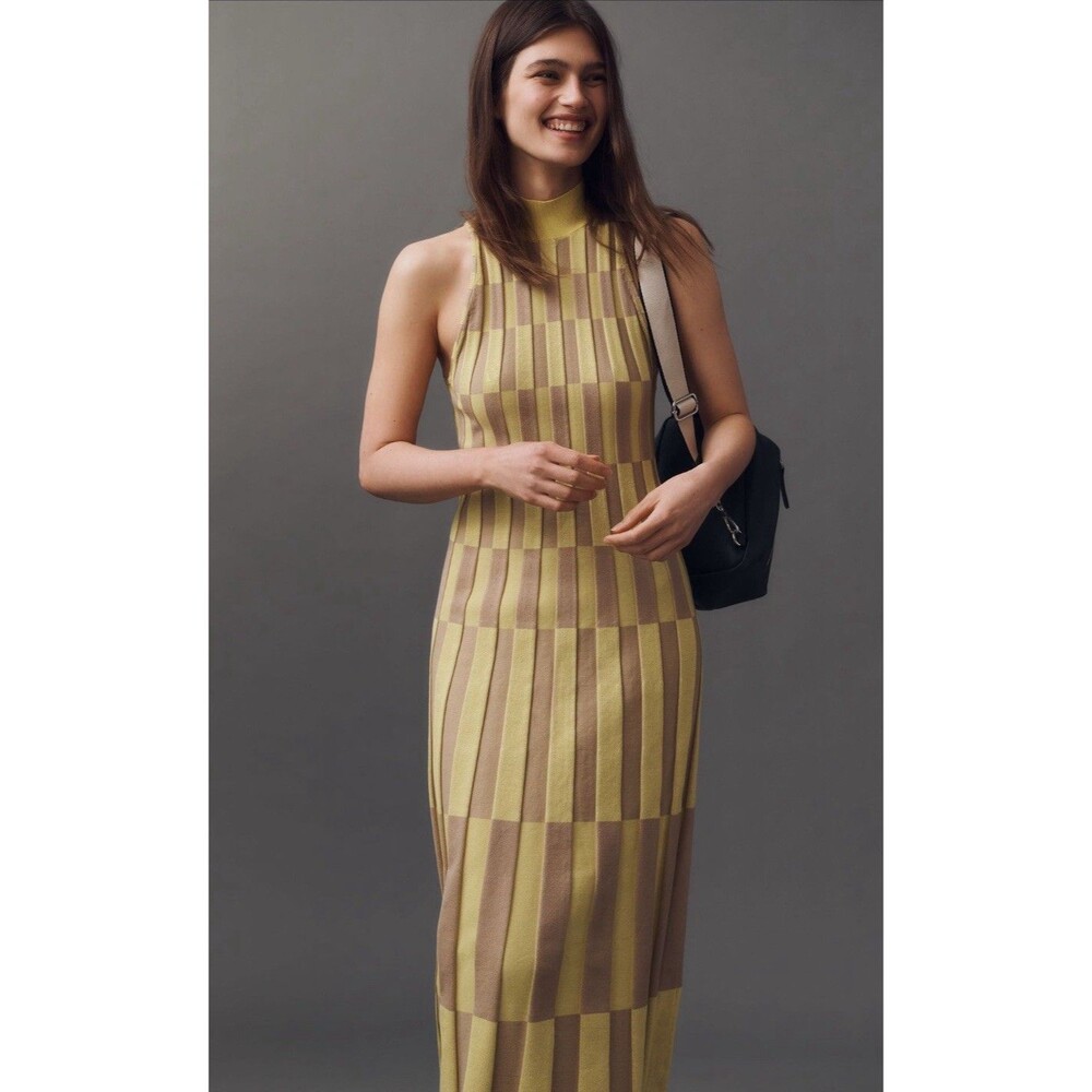 Anthropologie Midi Sweater Dress Yellow Mock Neck Stretchy Boho Preppy Small NWT